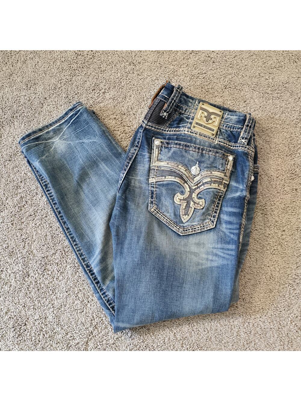 Rock Revival Jeans Mens 38x30 Brayen Straight Thick Stitch Leather Y2K Denim